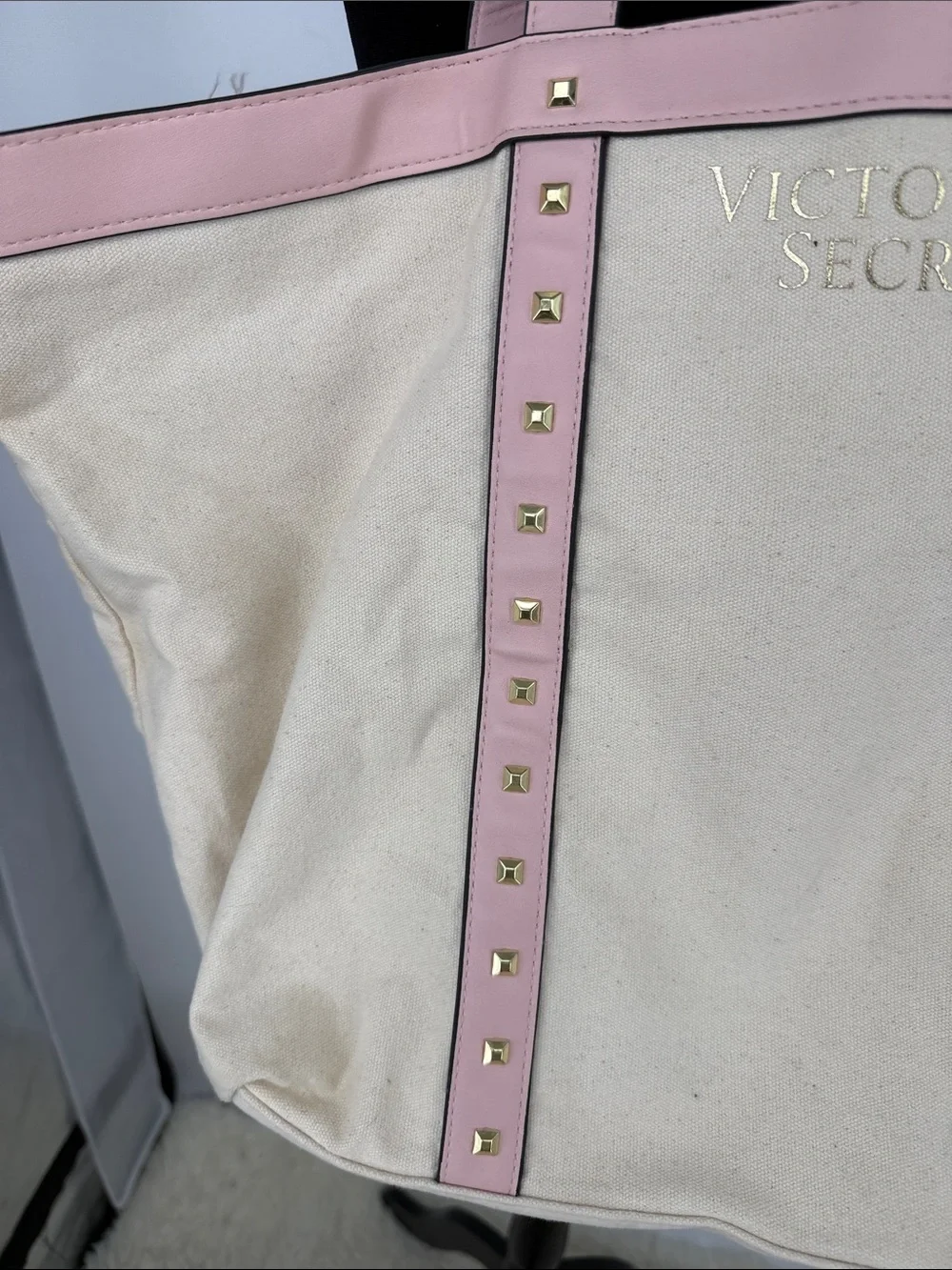 Victoria's Secret Cream Canvas Tote with Pink Trim & Studs